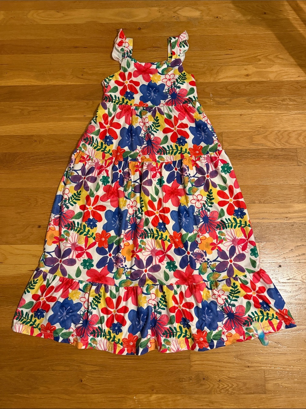 Girls White Floral Tiered Sundress with Bright Multicolor Flowers